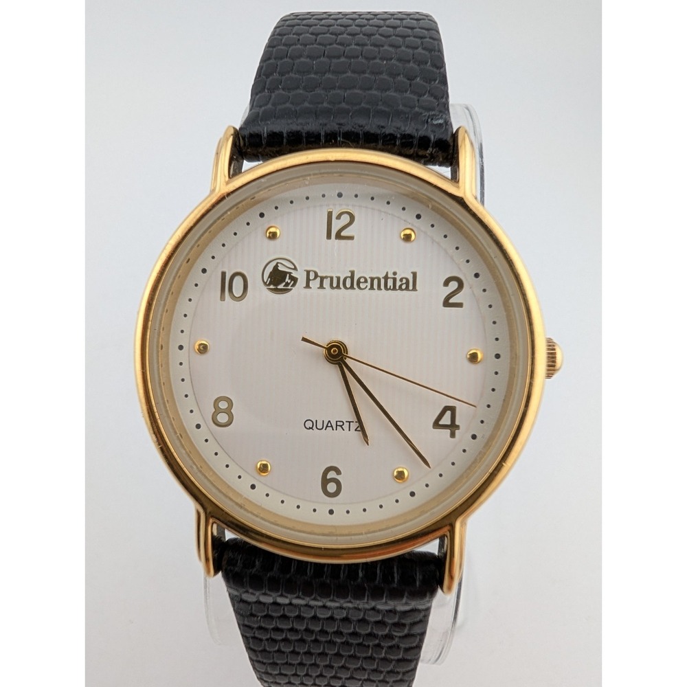 Prudential Watch Men 33mm Gold Case Black Leather Band- New Battery